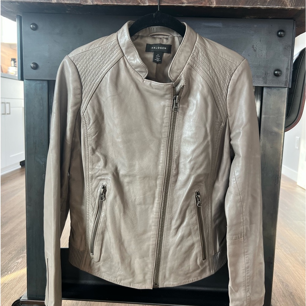 Halogen - zip racer leather jacket - mushroom - size small petite